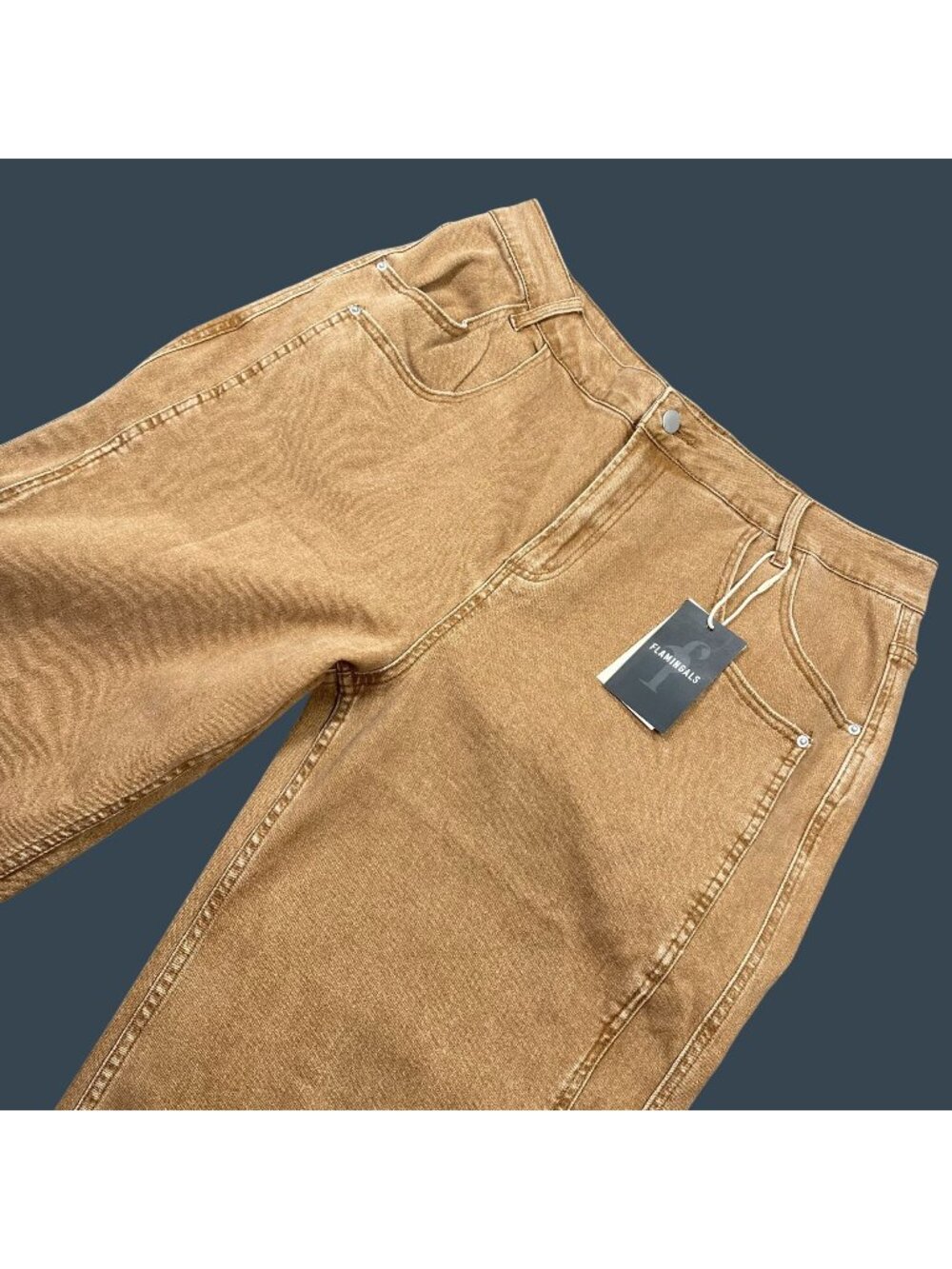 Flamingals Womens Tan Wide-Leg Cropped Jeans Size 2XL Cuffed Hem Stretch Denim